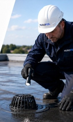 Technik kontroluje střešní vpusť baterkou